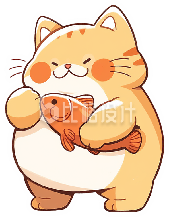 可爱黄色猫咪摸鱼手绘插画