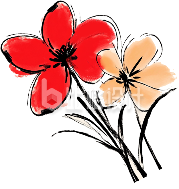 手绘红色水墨风小花
