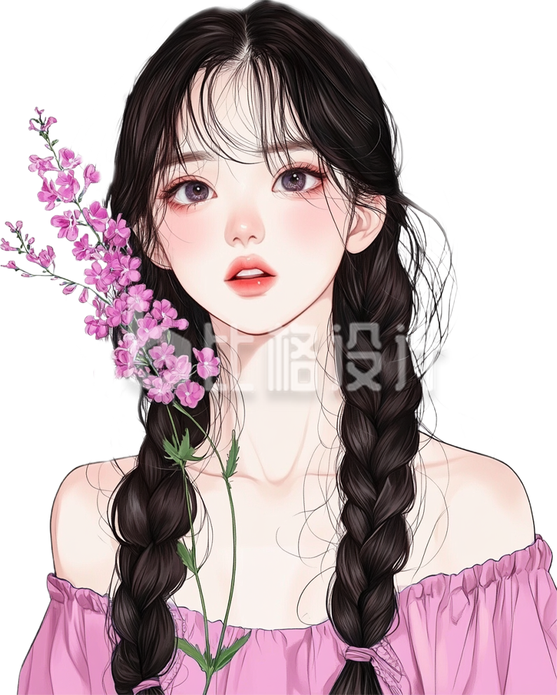 手绘拿花女孩