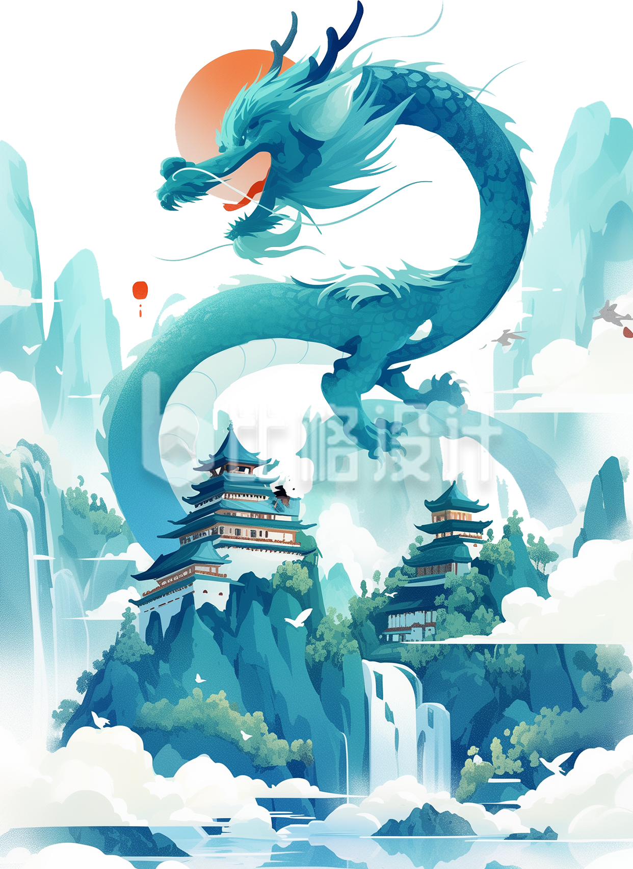 龙盘旋缠绕在建筑上插画场景