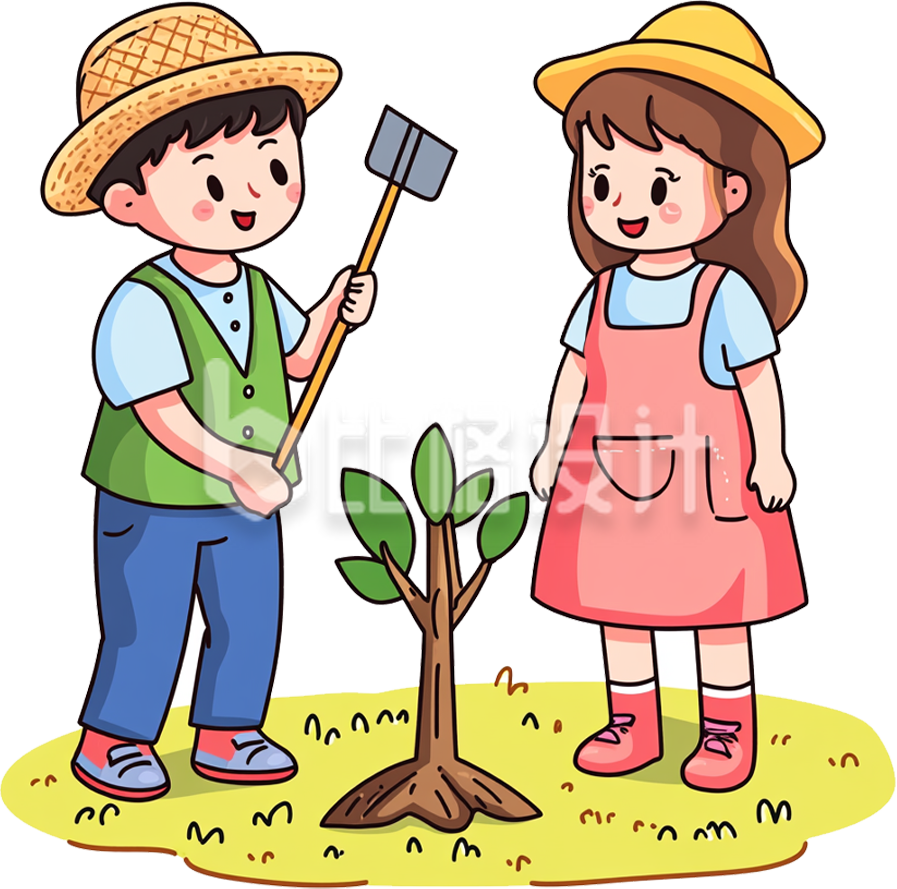 手绘两个儿童植树