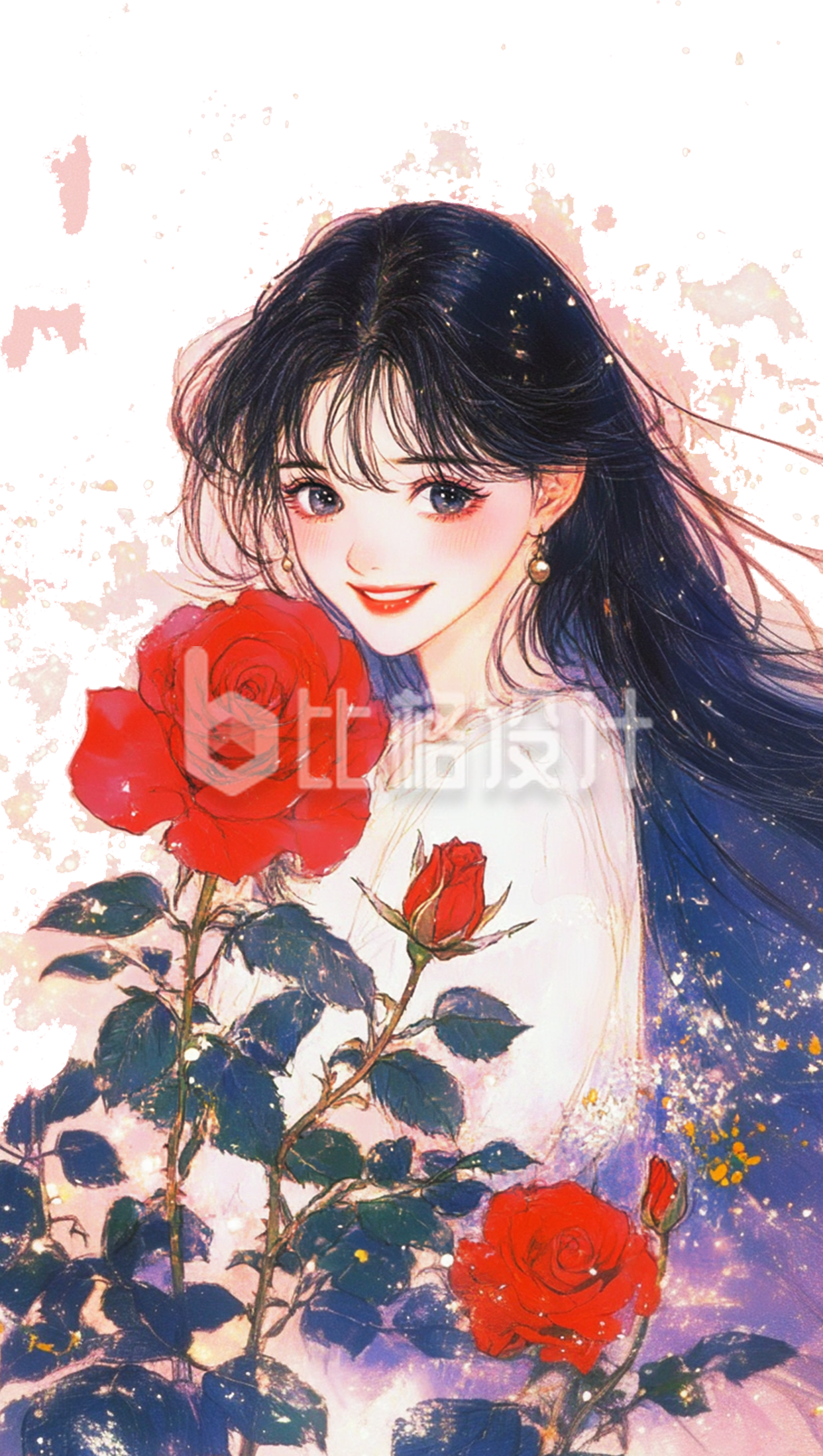 玫瑰花丛中的女孩