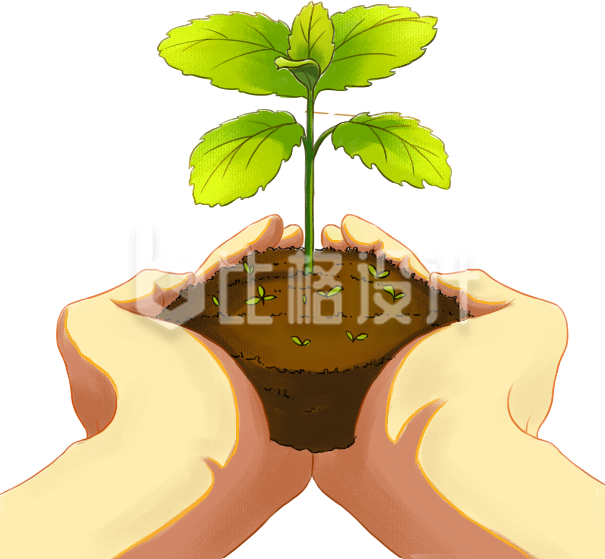 双手捧着树苗插画