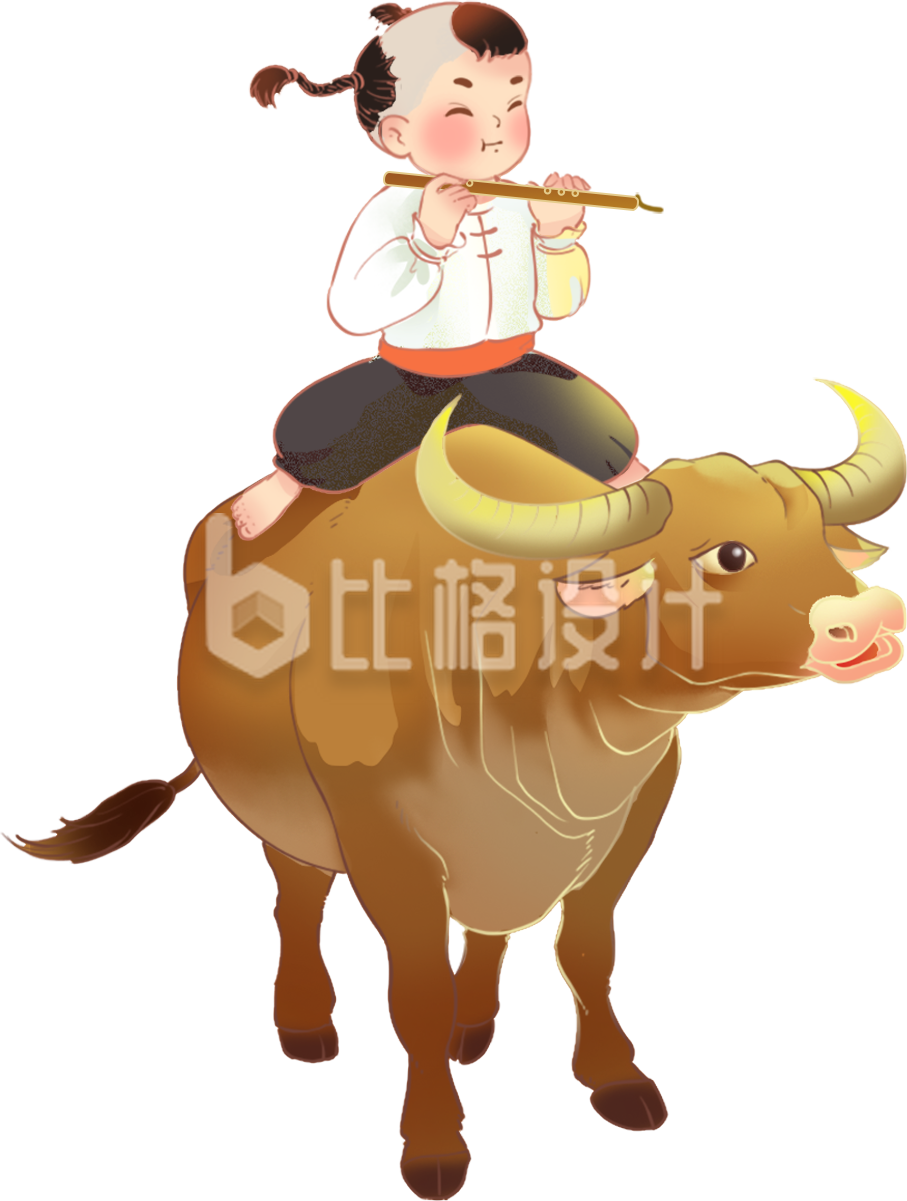 牧童坐牛手绘插画