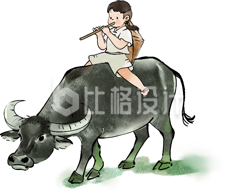 牧童坐牛手绘插画