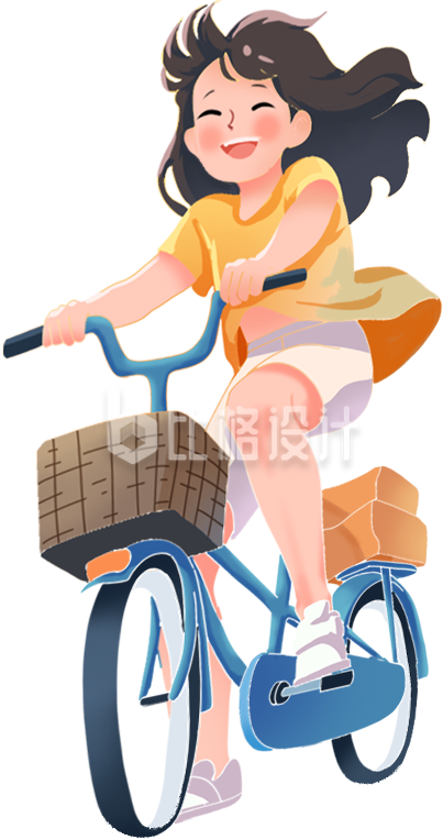 女生骑自行车手绘插画