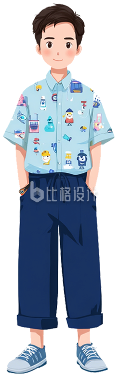 手绘蓝衣服男孩