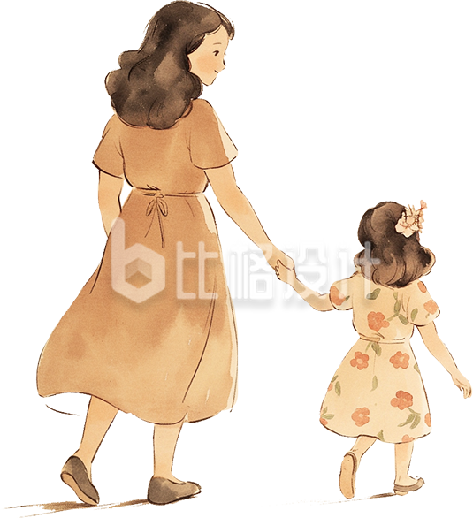 手绘插画妈妈牵着女儿