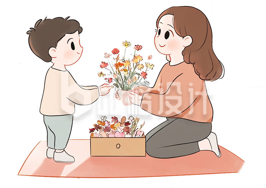 卡通插画小男孩送妈妈一束花
