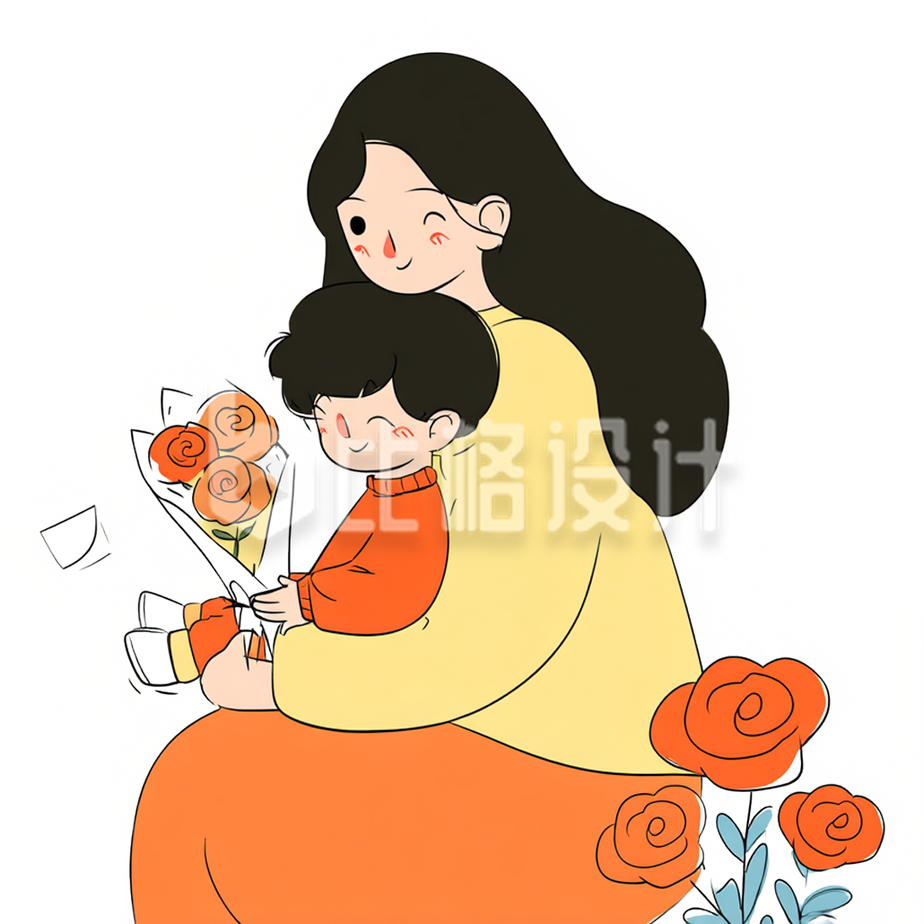 母子拿着花朵