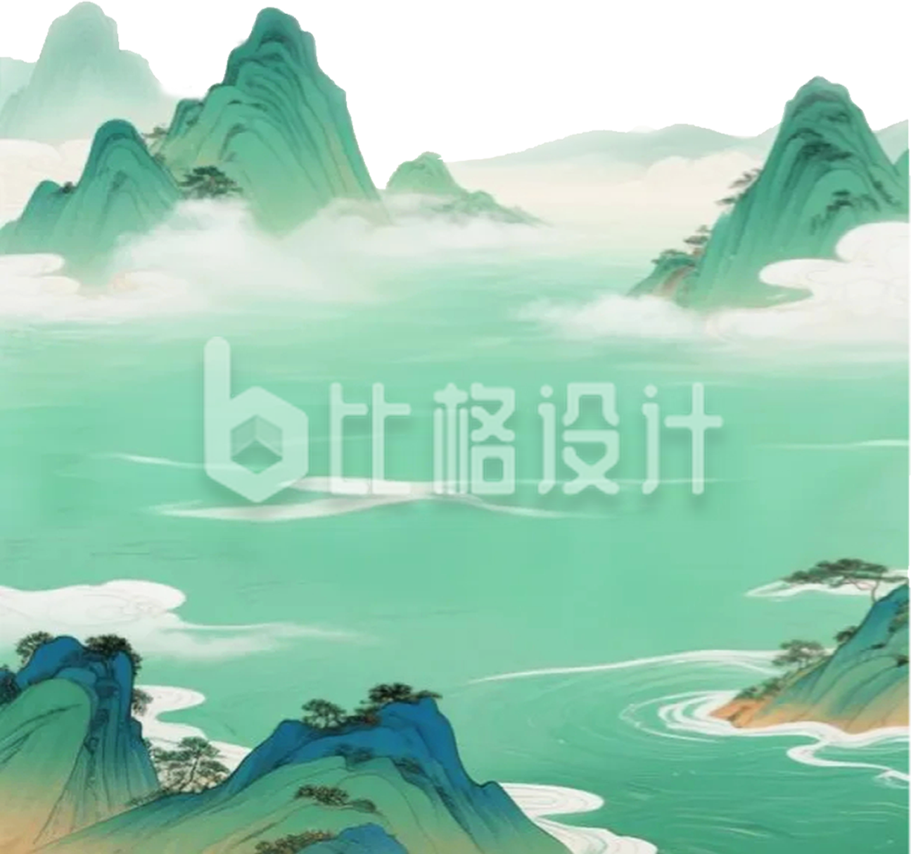 手绘绿色国潮山水