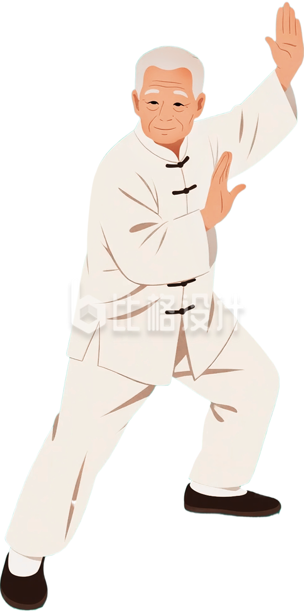 手绘白色衣服老人打太极