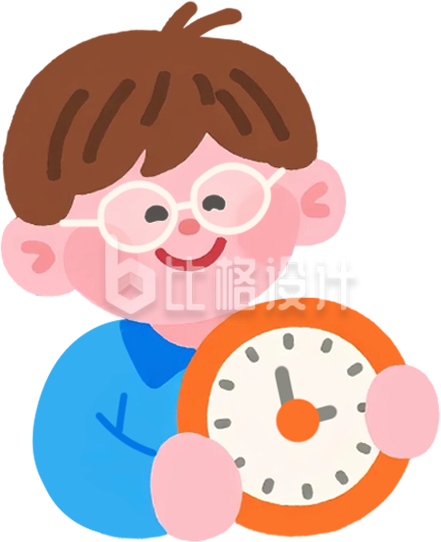 男孩抱着闹钟手绘趣味