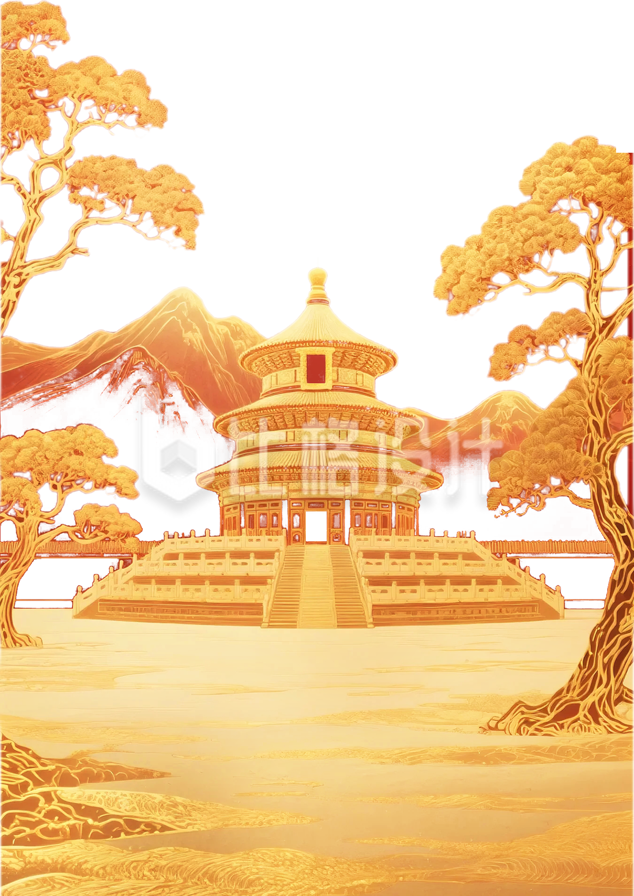 手绘金色天坛松树