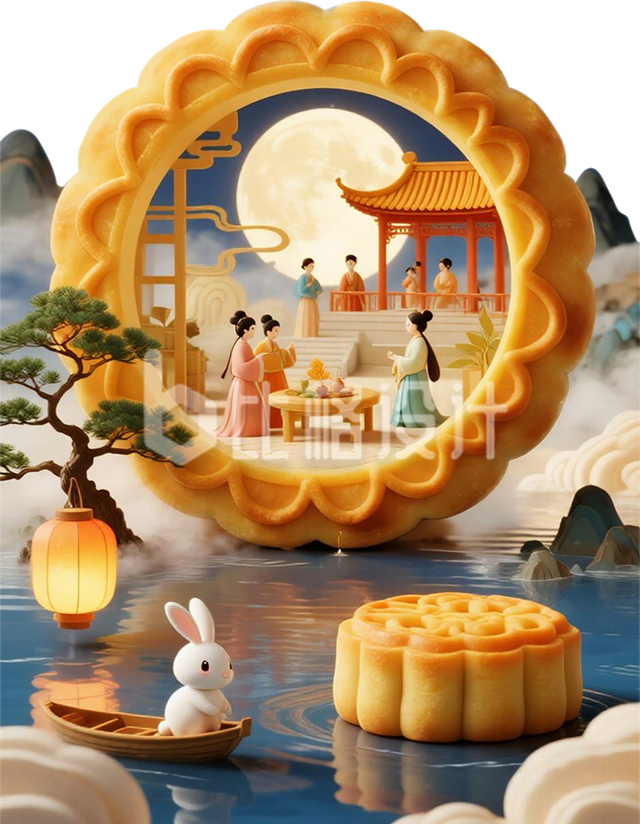 3D中秋节月饼微缩场景
