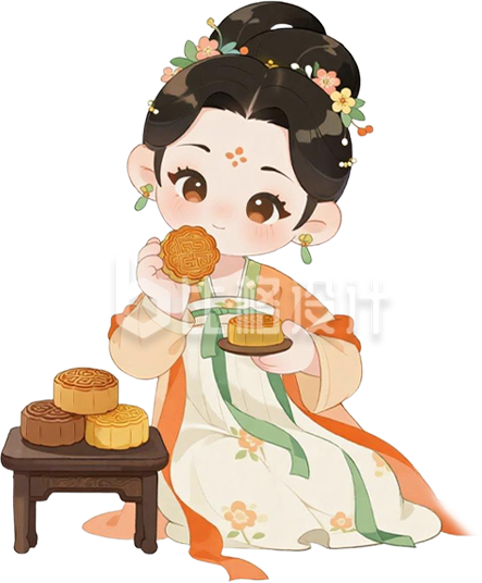 手绘汉服女孩吃月饼