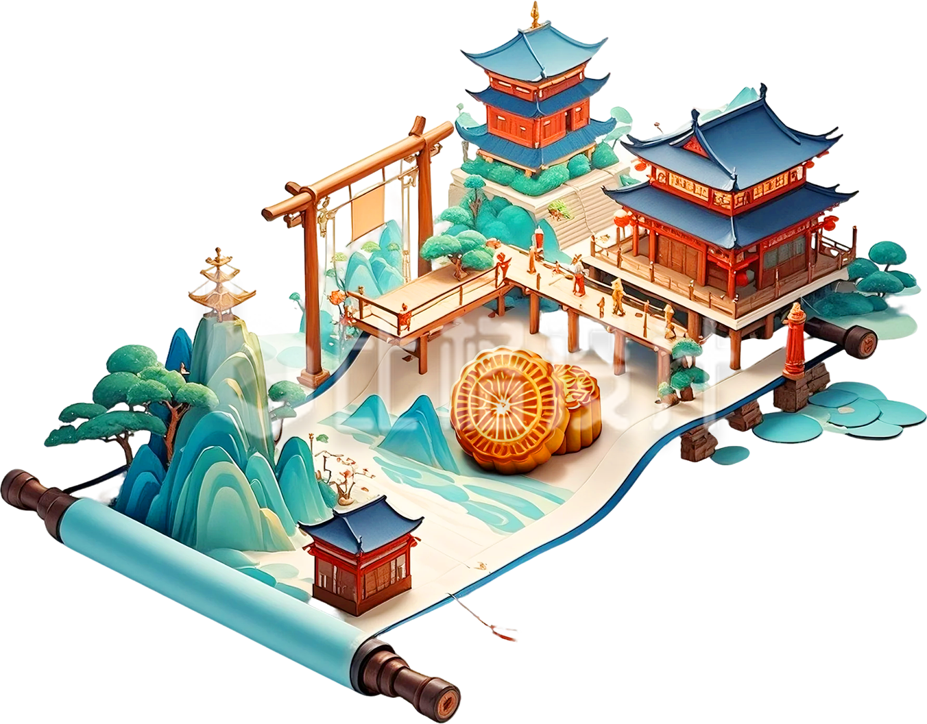 国潮山水建筑插画