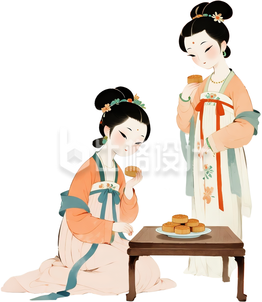 中秋节古人吃月饼手绘中国风