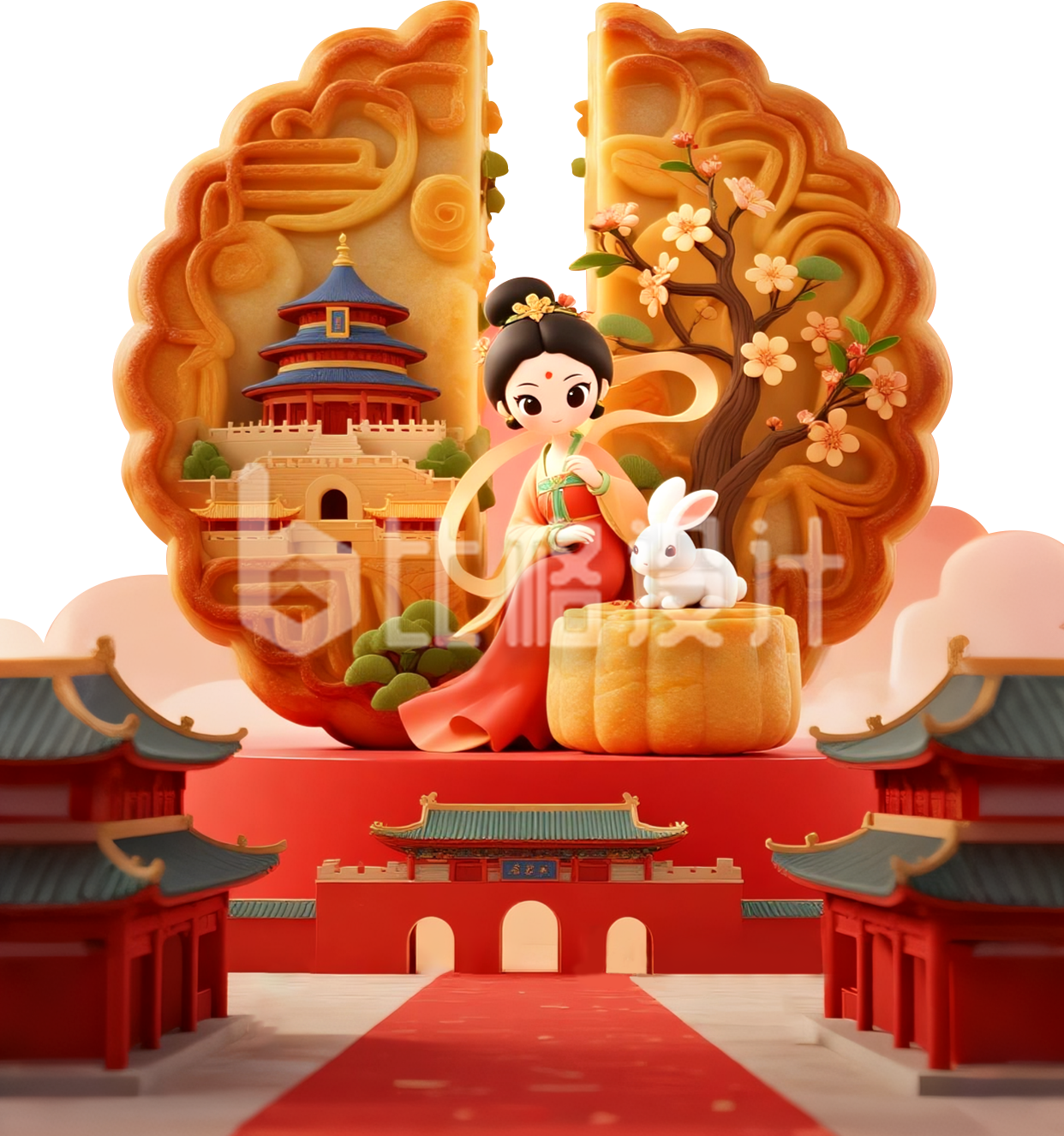 国庆中秋双节同庆3D建模插画 国庆中秋双节同庆3D建模插画