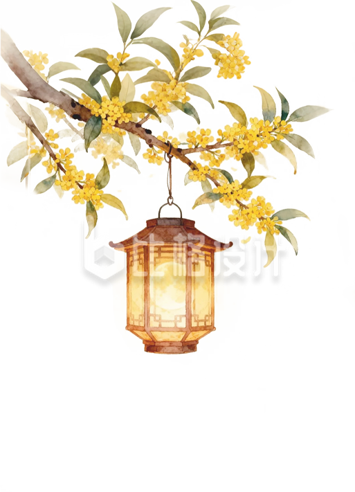 手绘桂花树枝上挂着灯笼