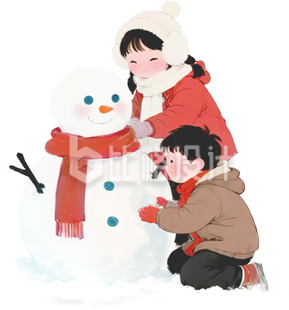 儿童堆雪人手绘水彩插画