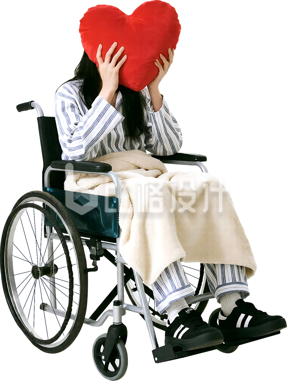 残疾人坐轮椅拿爱心实景免抠图片