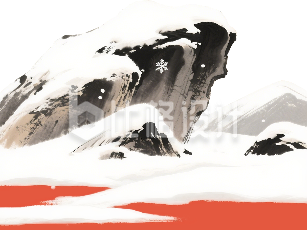 水墨手绘覆雪山石