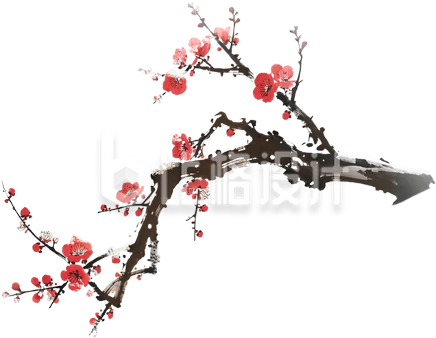 手绘水墨风红色梅花树枝