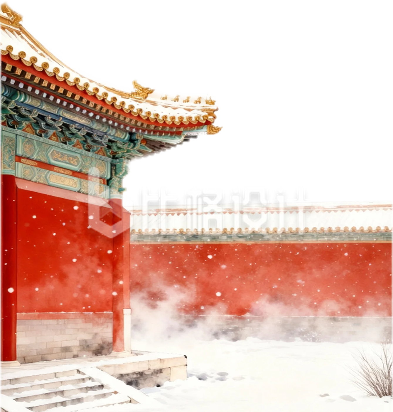 手绘红色古建筑
