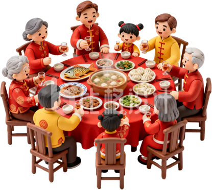红色3D卡通团圆饭插画