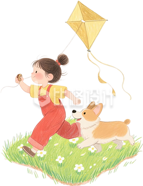 小女孩踏青放风筝草地手绘