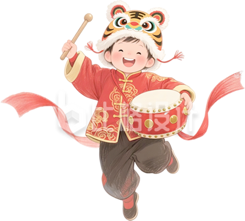 小男孩打鼓手绘喜庆