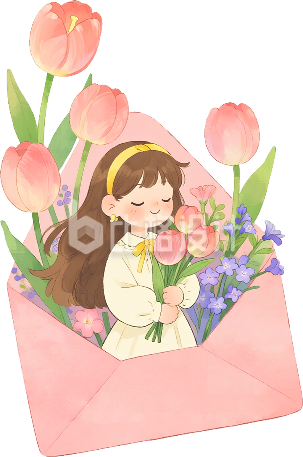 信封郁金香美少女手绘