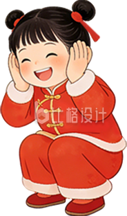 喜庆小女孩穿着红衣服过年手绘