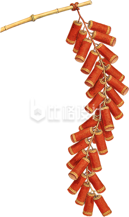 红色竹竿上鞭炮手绘喜庆