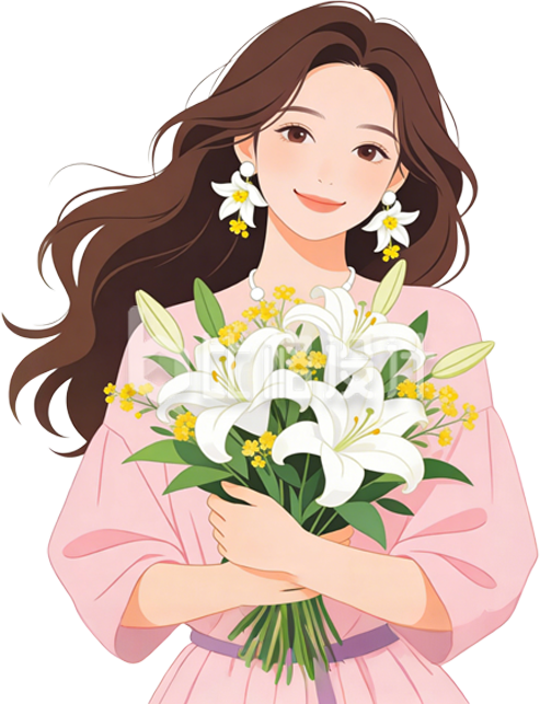美少女抱着百合花手绘