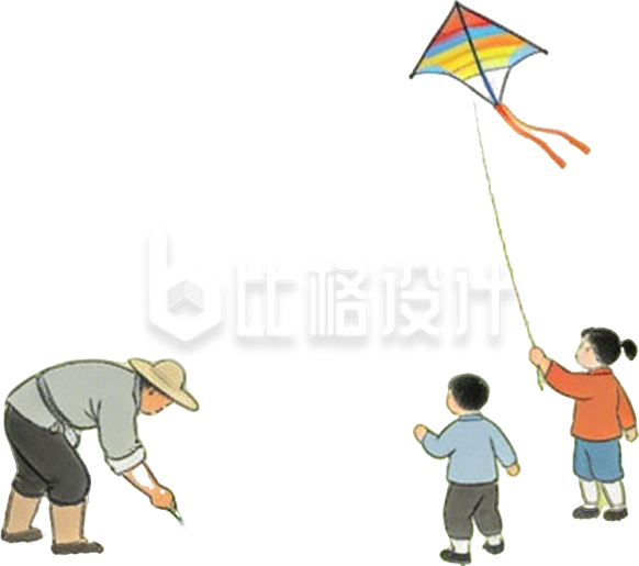 手绘放风筝的儿童与农民