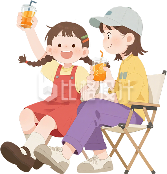 可爱小女孩露营喝水手绘