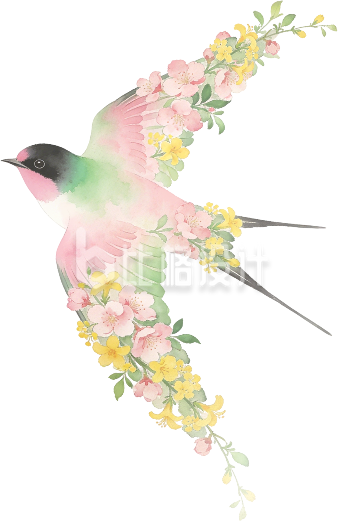 一只燕子翅膀小花手绘