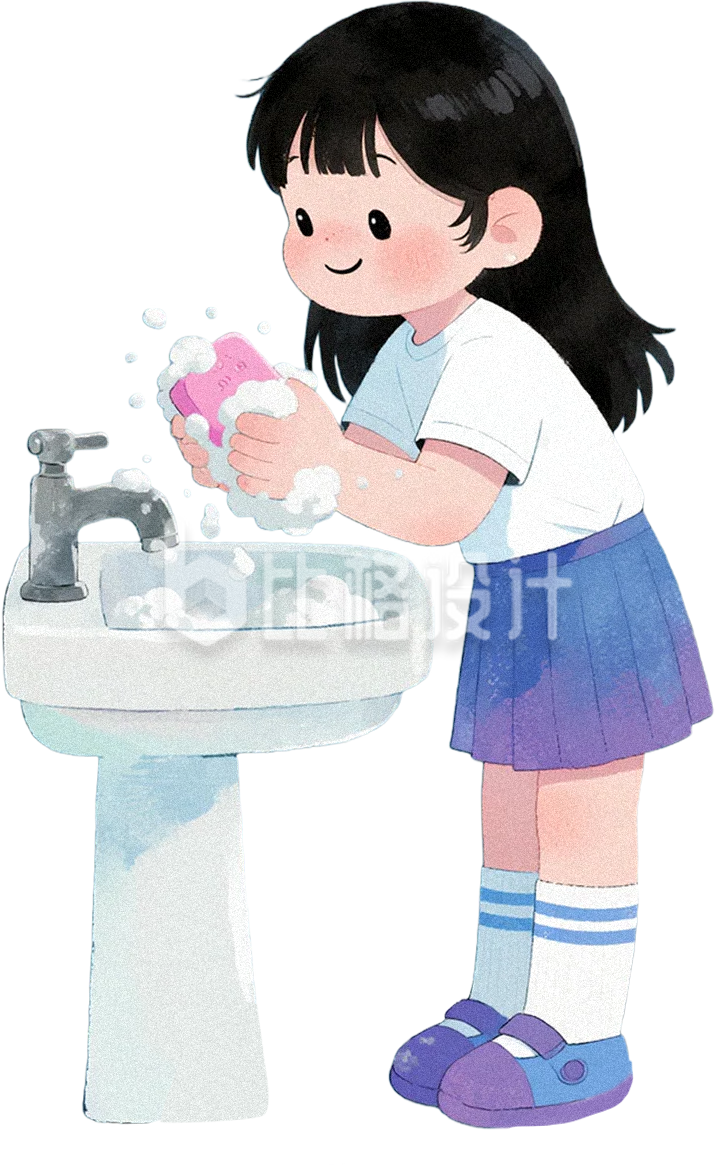 手绘小女孩洗手
