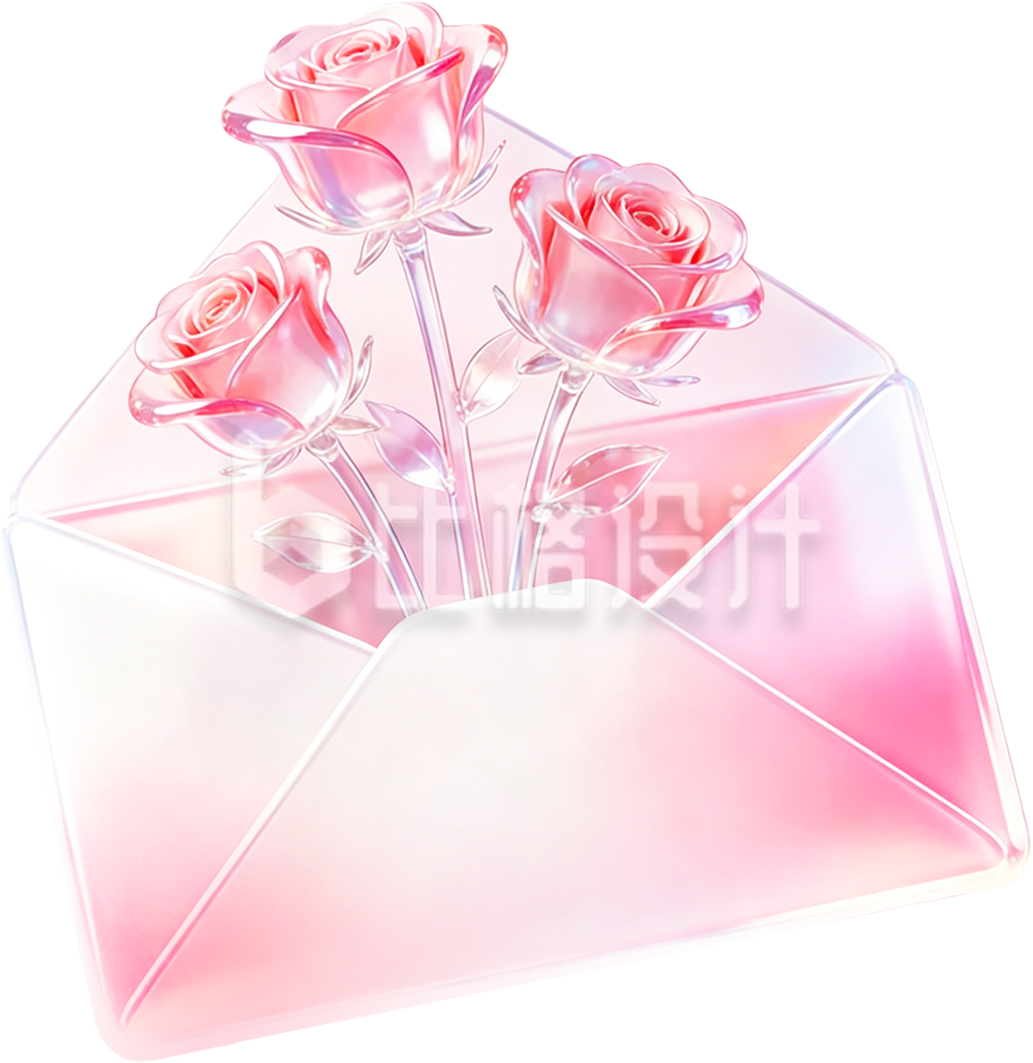 3D玻璃质感信封玫瑰
