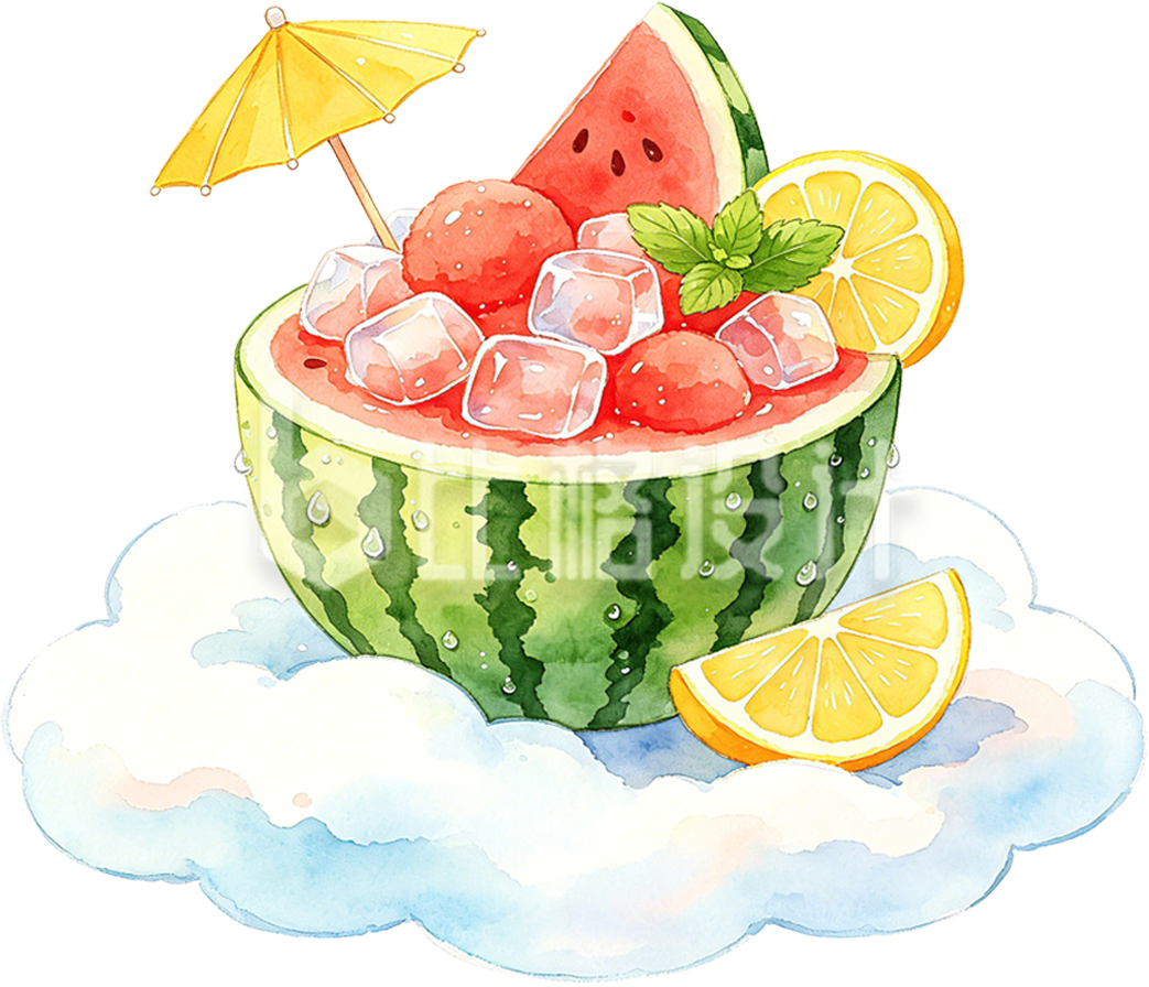 夏季水果西瓜饮料水彩插画