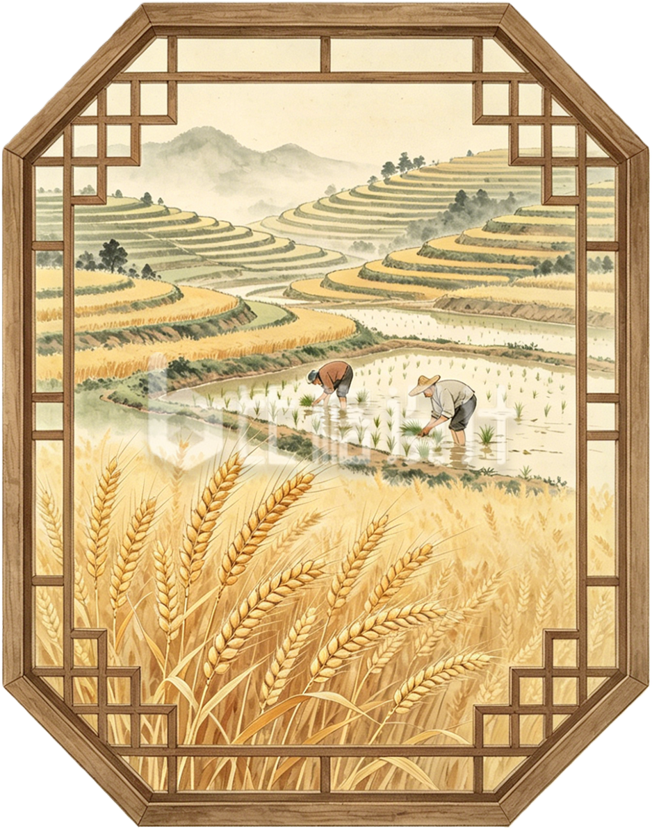 手绘中式框芒种场景