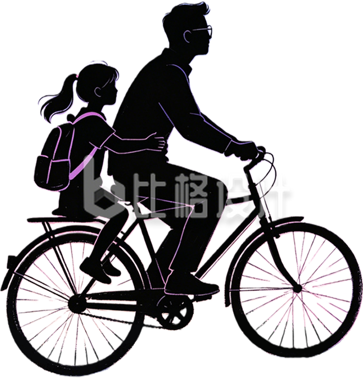 父亲骑自行车带着孩子手绘剪影