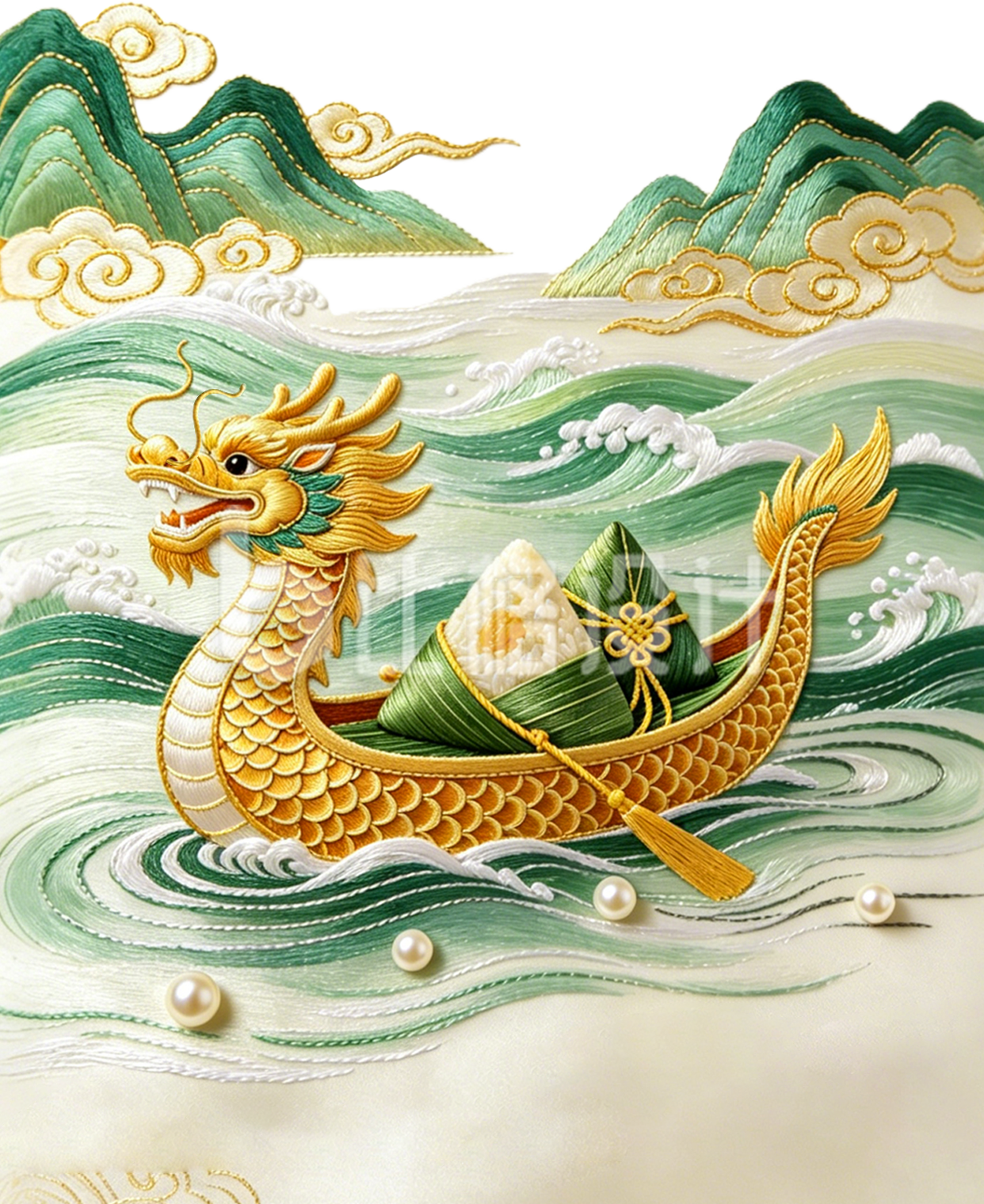 刺绣龙舟山峰免抠图片