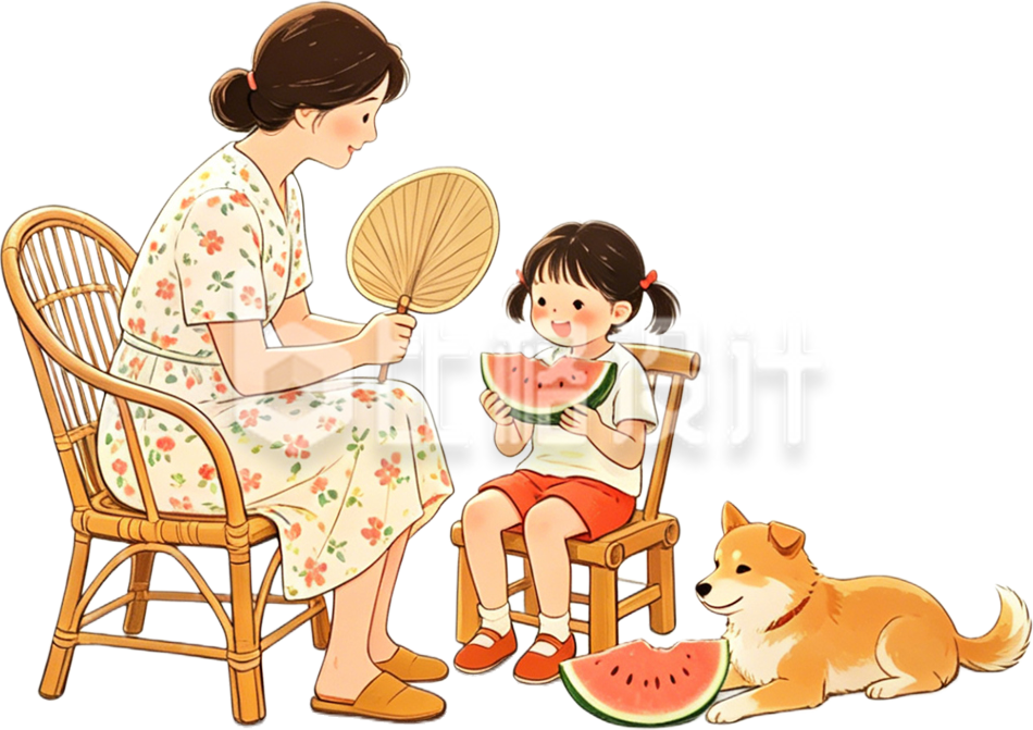 母女两吃西瓜夏日手绘
